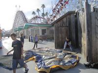 Setting up our tent for sleeping on the boardwalk