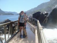 The girls crossing the Wapama Falls bridge